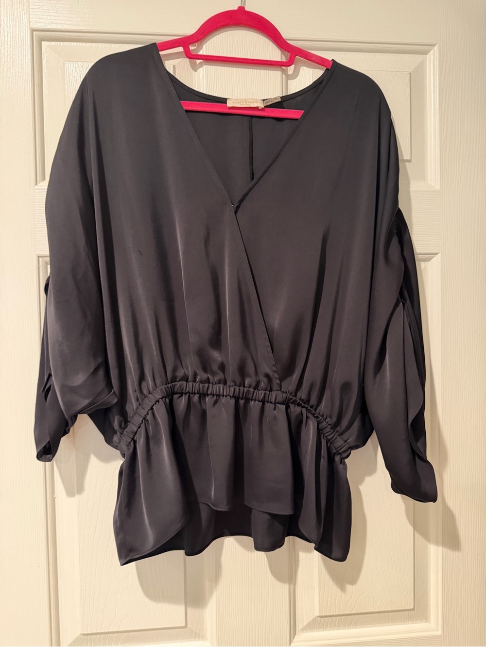 Ramy Brook Black V-Neck Gathered Peplum Blouse